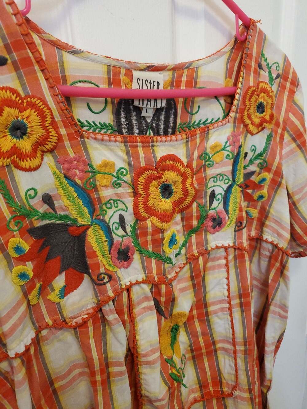 Sister Mary Women's Plaid Short Sleeve Embroidered Floral Blouse - Picture 2 of 9